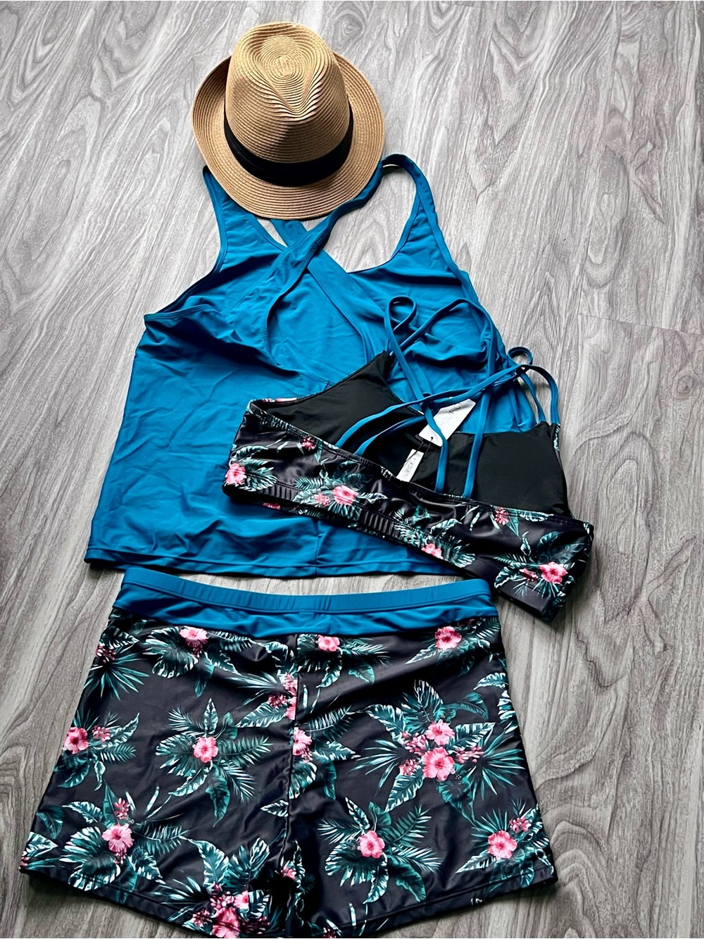 Teal Floral Strappy Tankini Set - Holipick 3 piece set-XL - Picture 7 of 7